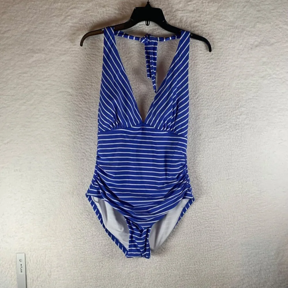 Tommy Hilfiger Women's Blue‎ Striped Halter Tie One Piece Swimsuit Size 14 NWT